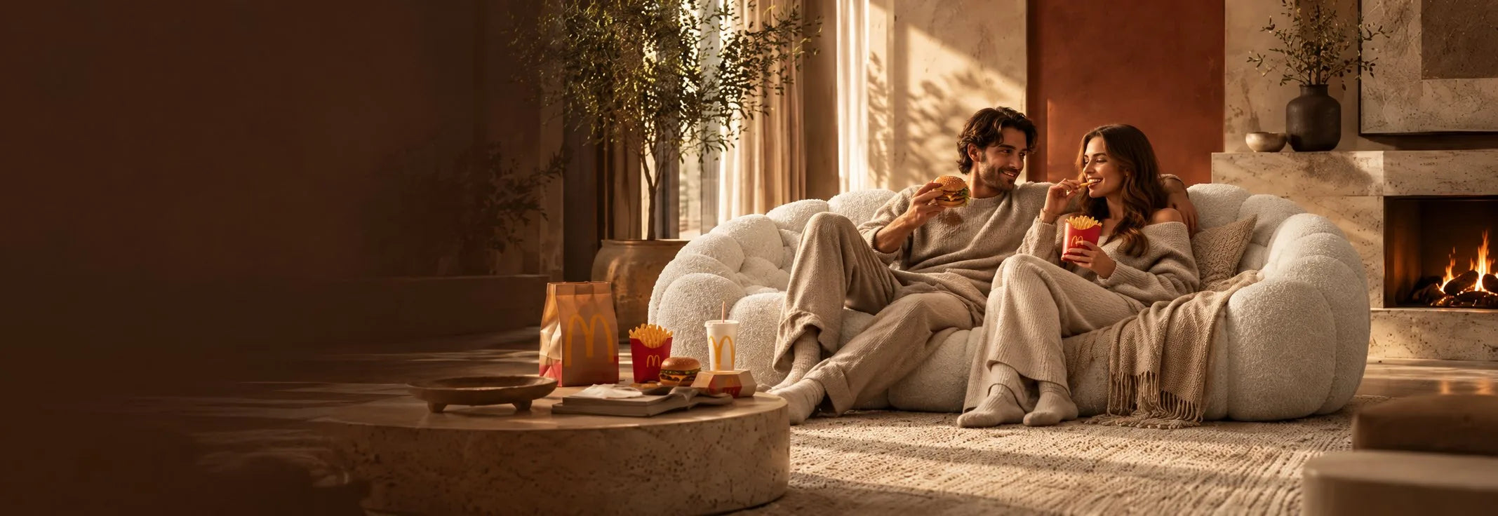 Couple installé dans le canapé, devant la cheminée